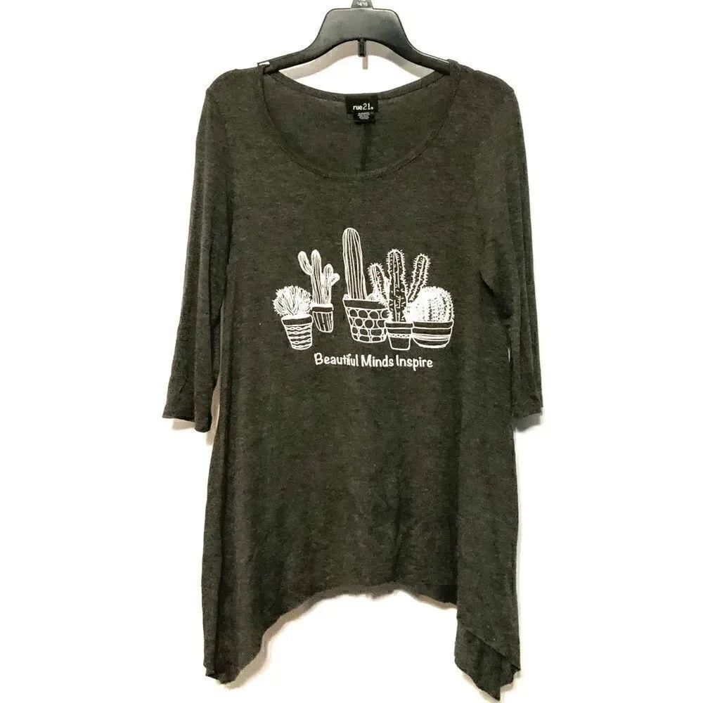 Rue 21 gray 3/4 sleeve Cactus Tunic shirt XS beautiful minds Inspire